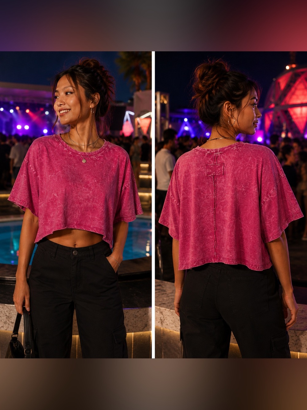 🆕 Hot Pink Acid Wash Oversized Crop T Raw Hem Cotton Top S/M L/XL 🔥